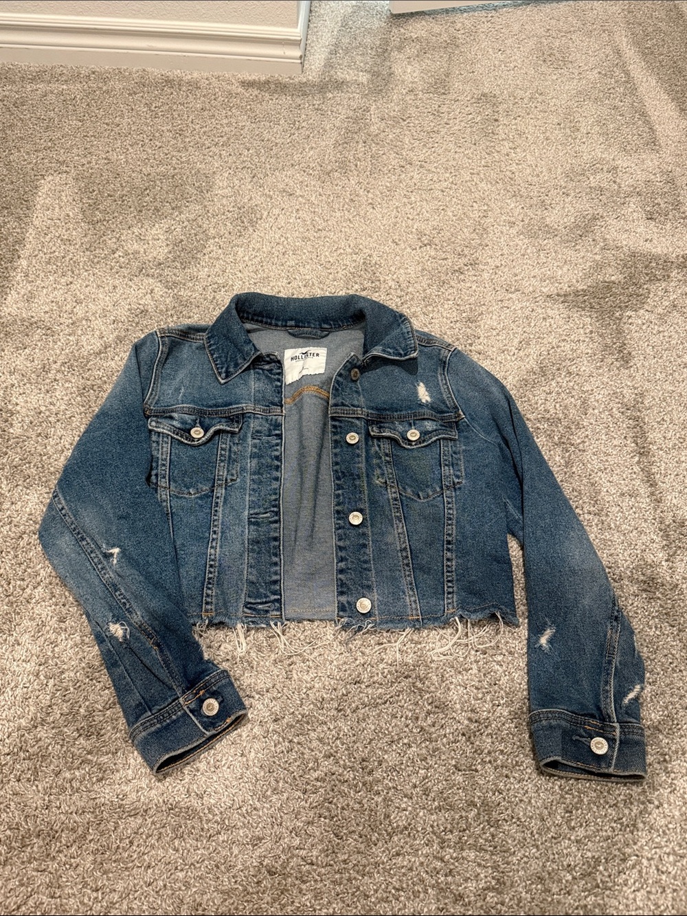 Hollister Dark Blue Distressed Cropped Jean Jacket